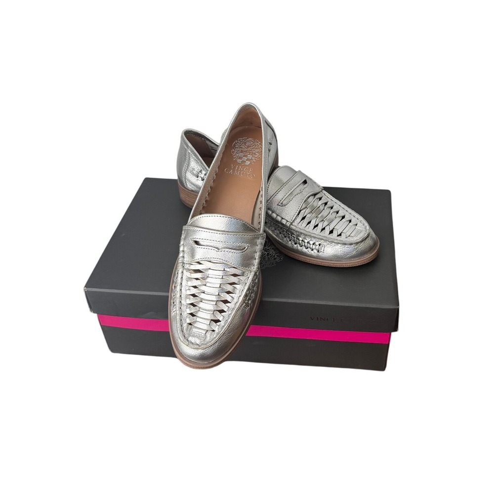 Vince Camuto Calie Silver Metallic Woven Leather Penny Loafers Shoes 7M NWOB
